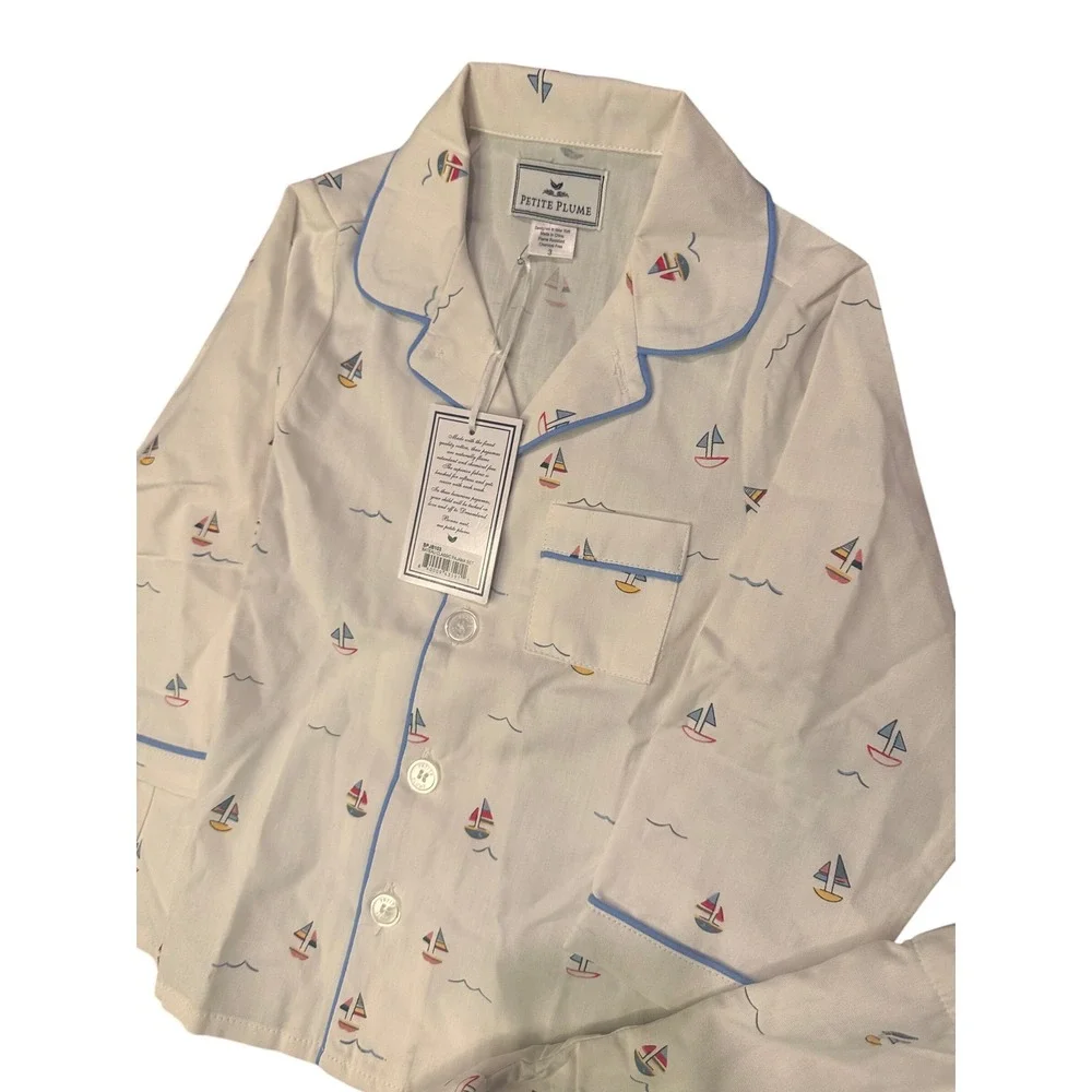 Petite Plume Kids Bateau Classic Pajama Set Sailboat Print White Blue Size 3 NEW
